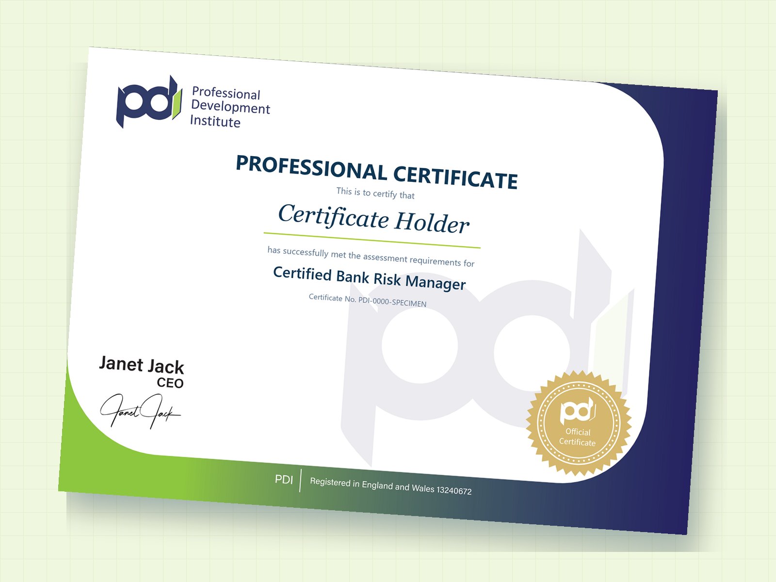 A PDI professional certificate (specimen)